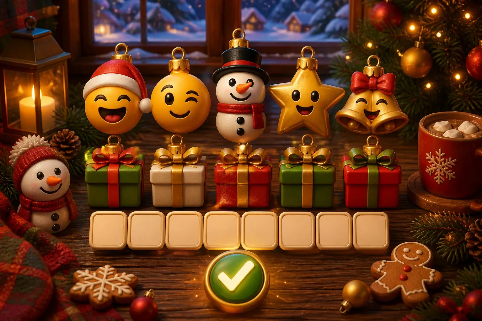 Christmas emoji ornaments, gifts and answer tiles on a cozy puzzle table