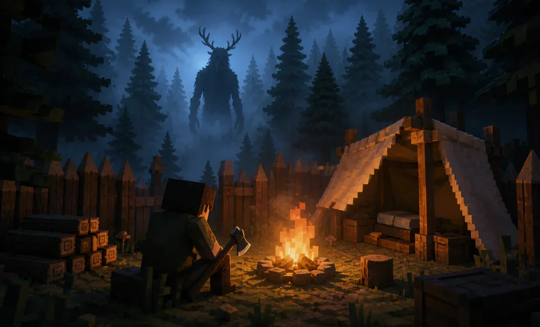 Forest survivor beside a campfire with an antlered creature in the fog
