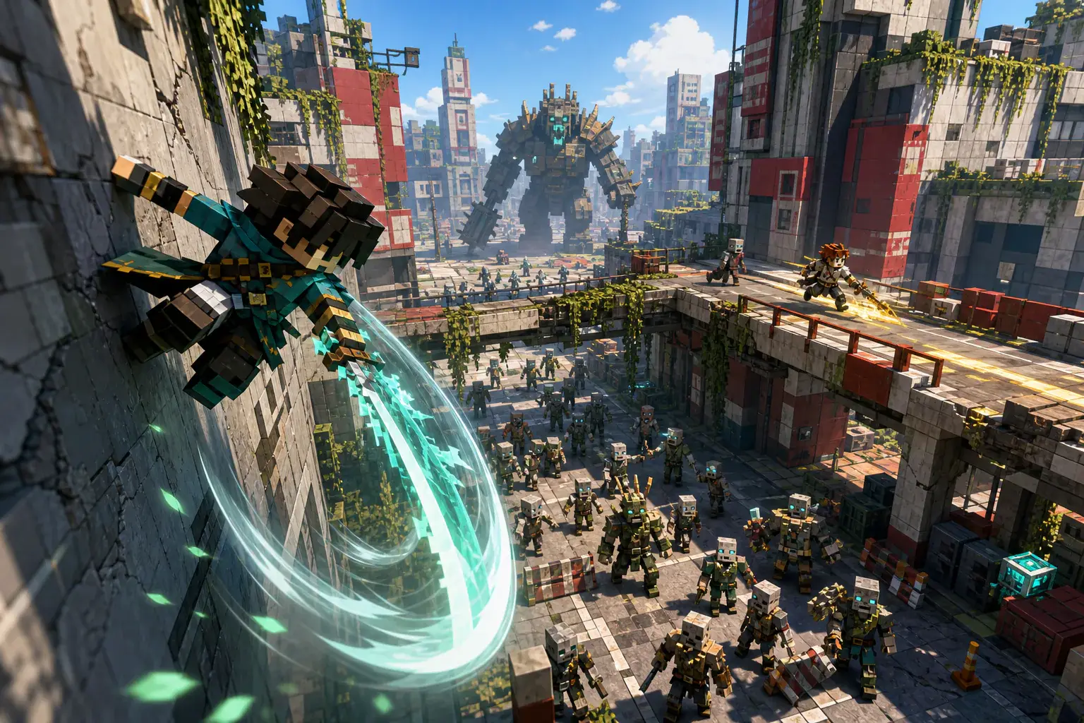 Swordsman wall-running above zombies in a sunlit ruined city