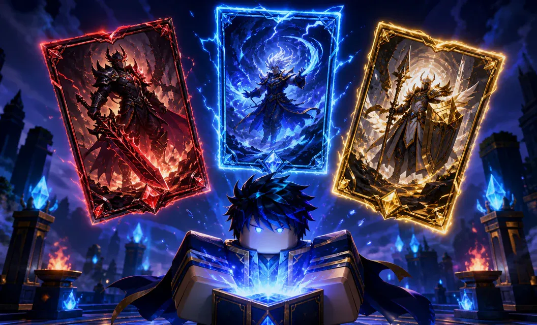 Duelist revealing three glowing fantasy battle cards