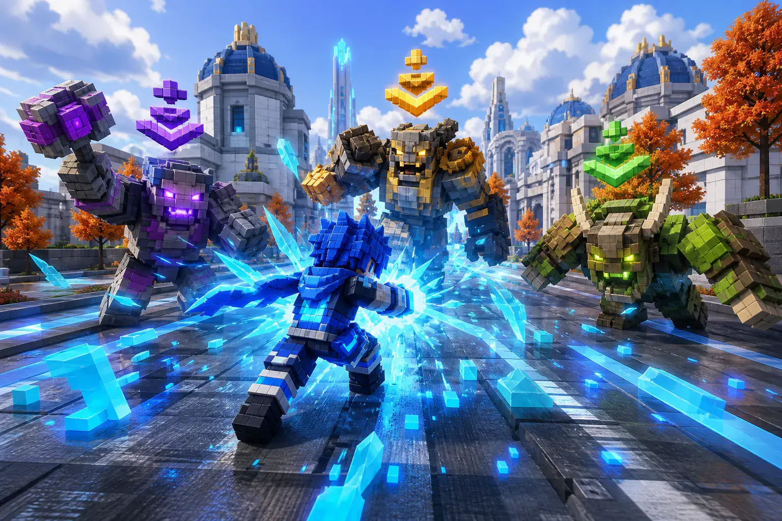 Energy fighter battling ranked creatures on a futuristic city street