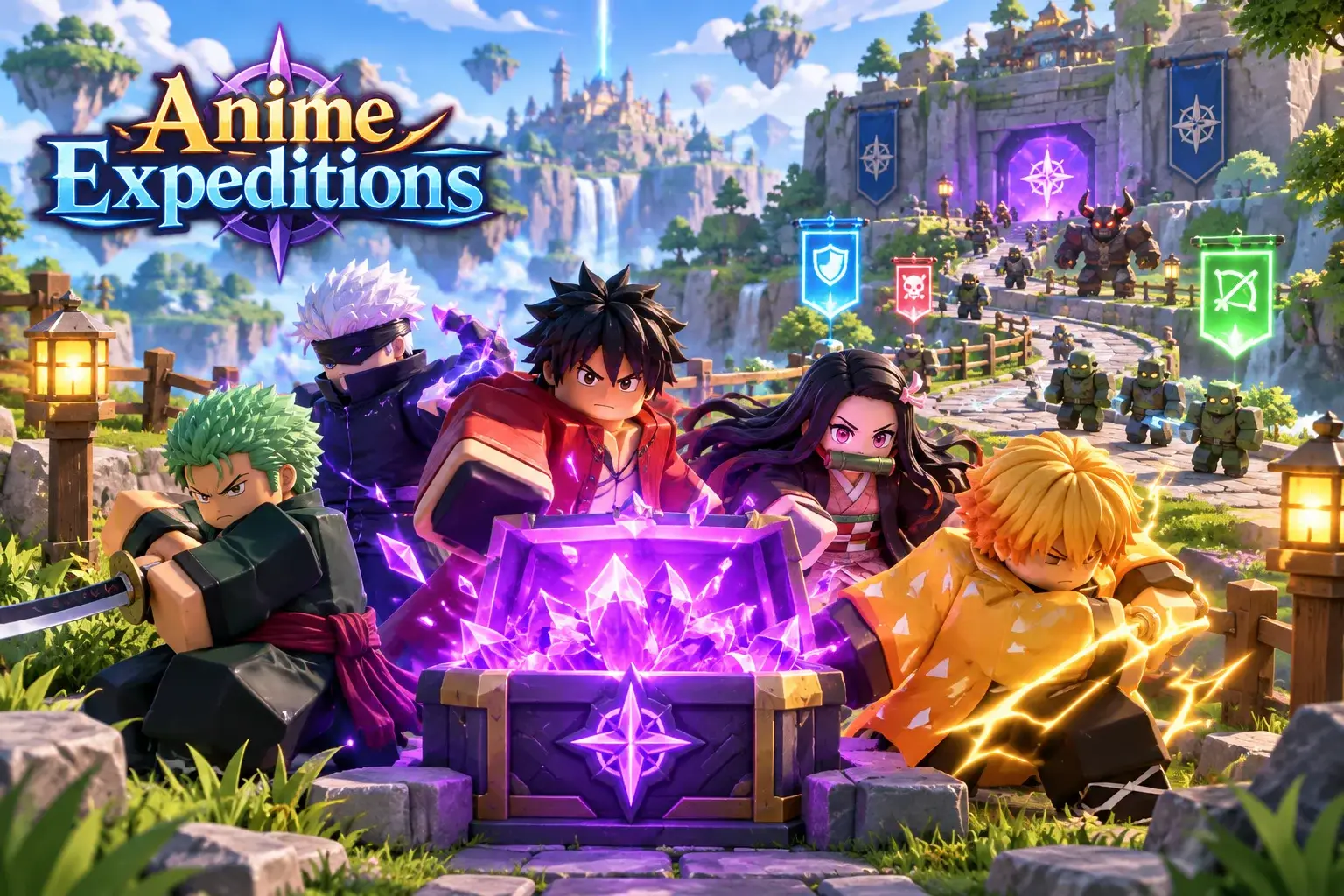 Original concept illustration: Original anime defenders around a bright violet trait crystal chest at the entrance to a vibrant tower-defense path