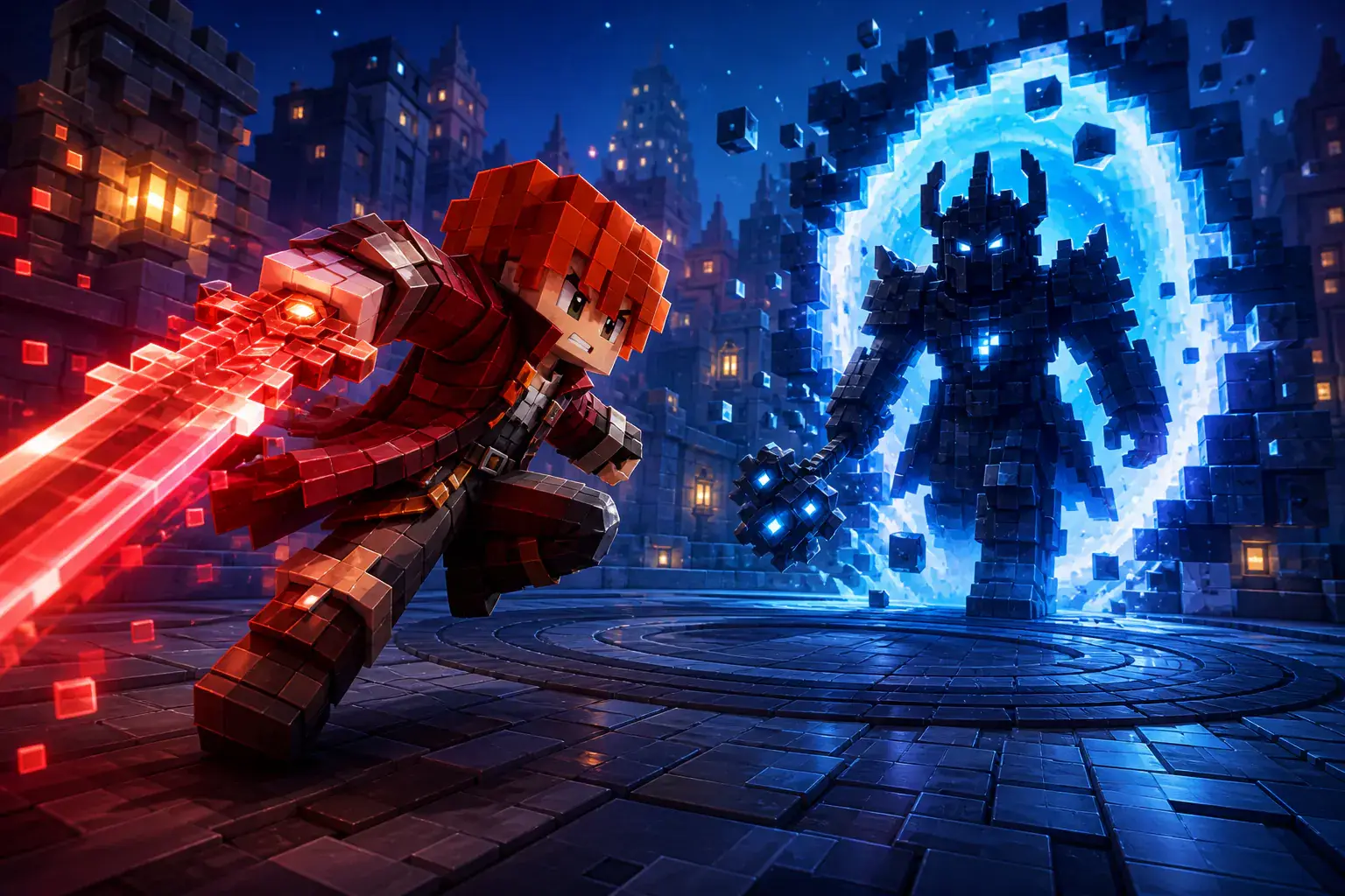 Red-haired adventurer charging a portal boss with a glowing sword