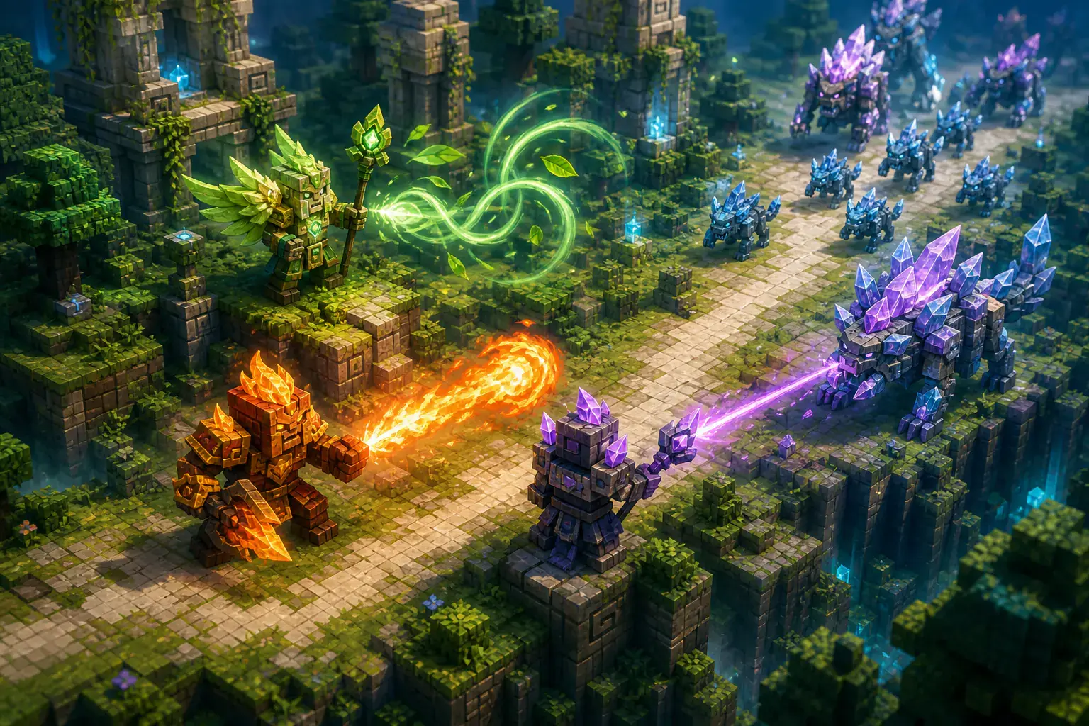 Elemental guardian units protecting an enchanted forest path