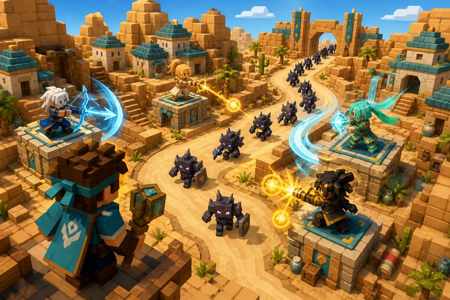 Desert defenders holding a winding route against armored creatures