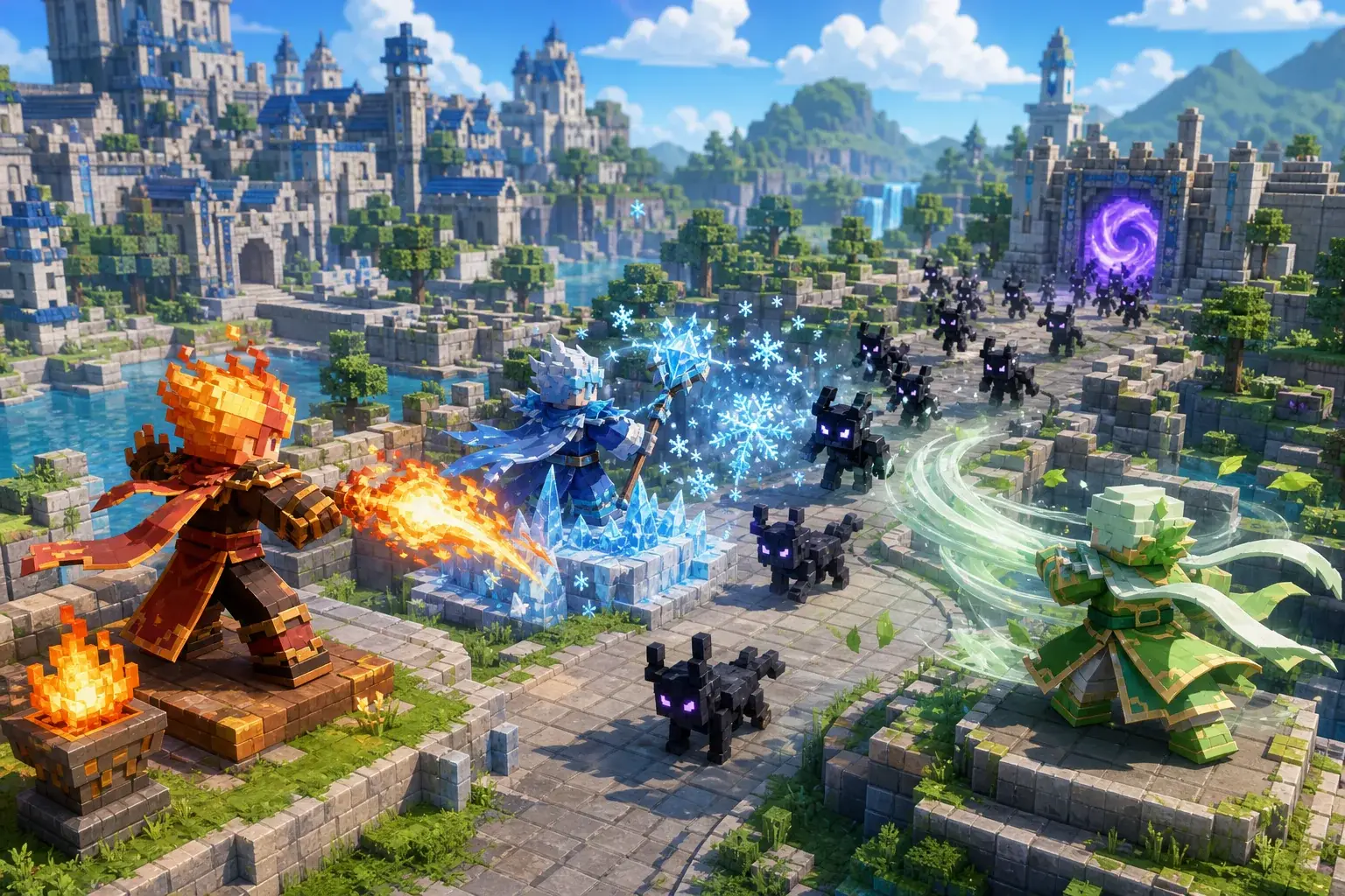 Elemental defenders protecting a path from shadow enemies