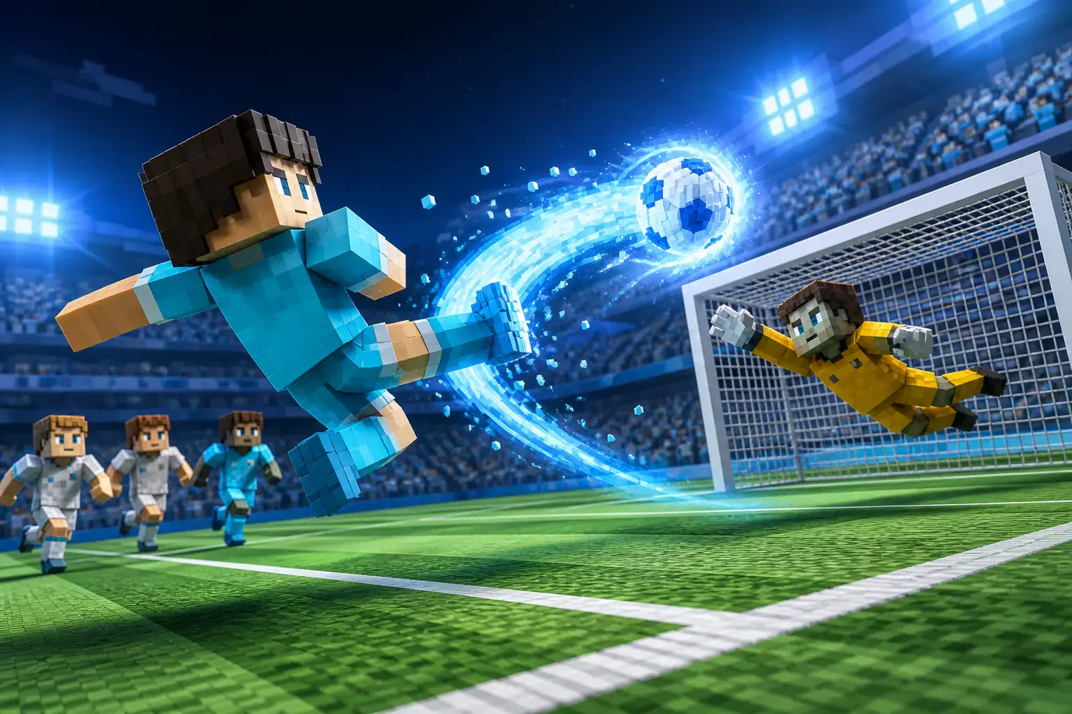 Soccer striker sending an icy blue volley toward goal