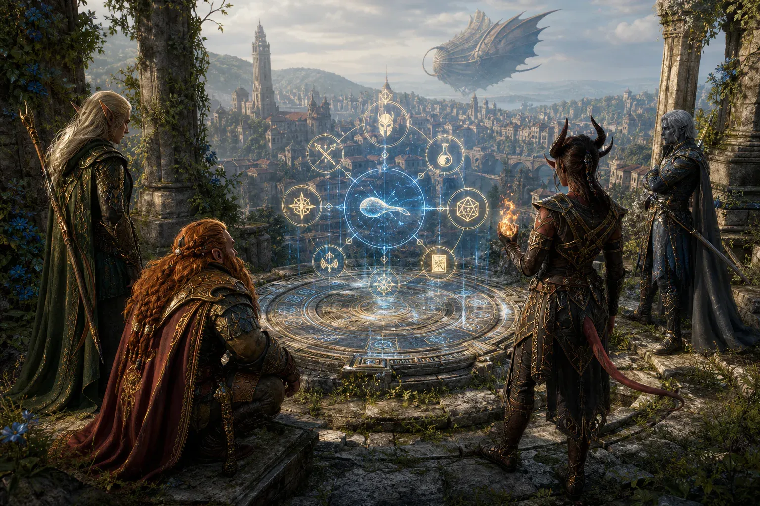 Fantasy adventurers considering glowing tactical options above a daylight river city