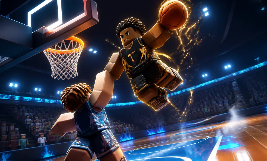 Basketball player rising for a one-handed dunk in a night arena