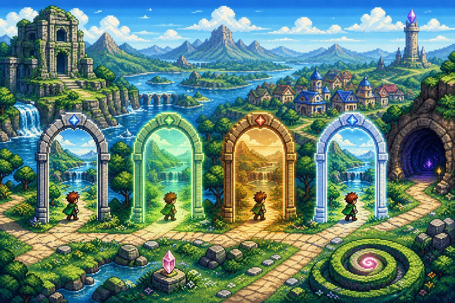 Original pixel adventurer passing through four rendering gateways in a bright retro world