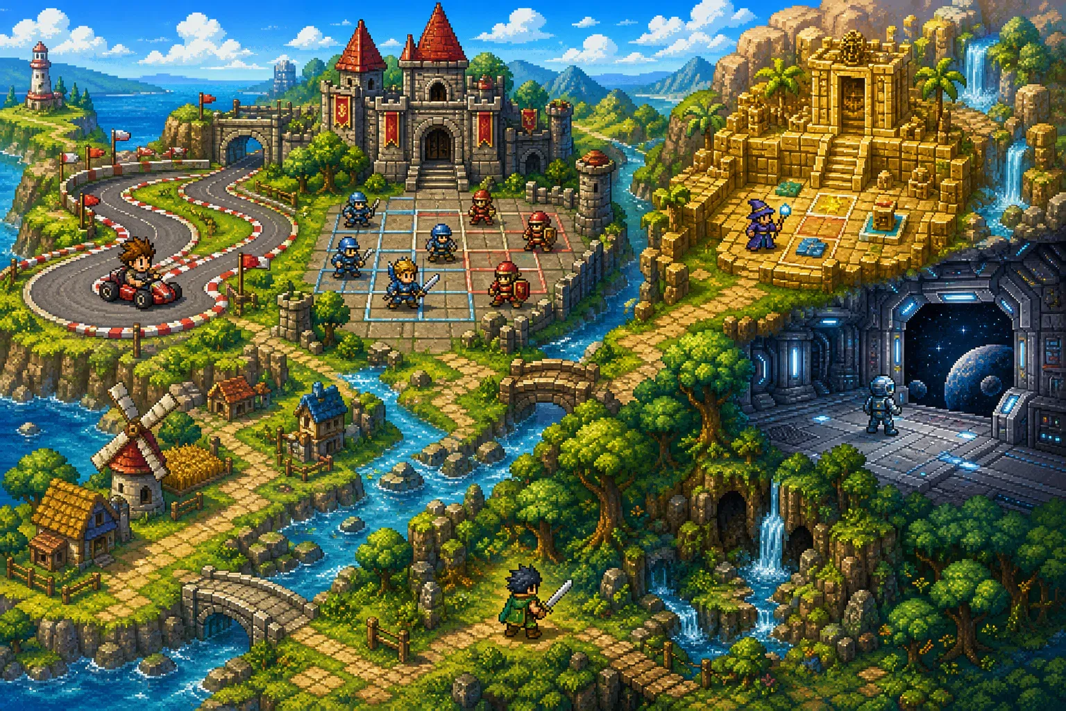 Connected pixel-art worlds for racing, tactics, puzzles, science fiction and adventure