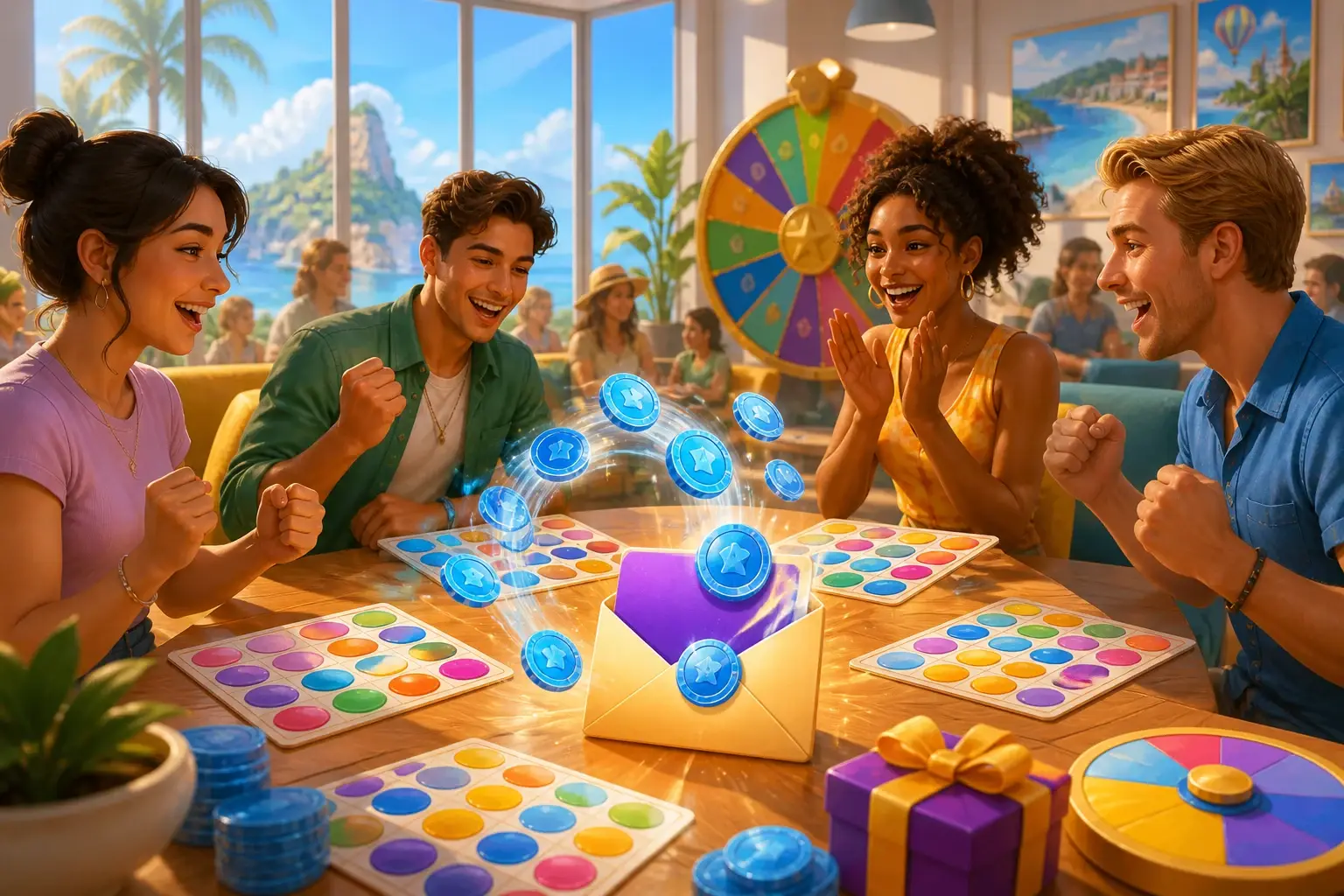 Friends playing colorful bingo cards as blue reward credits emerge from an official gift envelope