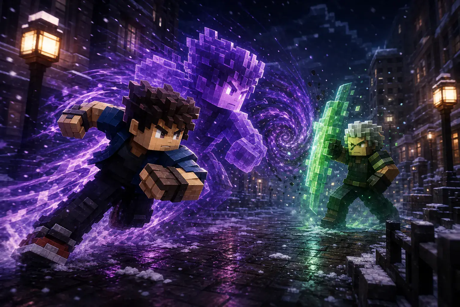Street fighter surrounded by a violet guardian aura in a snowy city