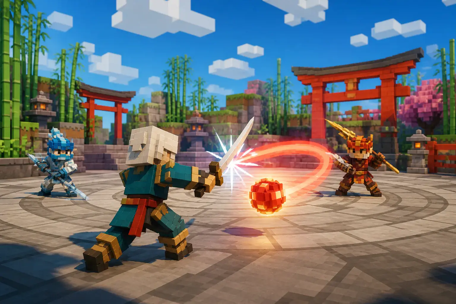 Sword fighters timing a blue parry against a blazing arena ball