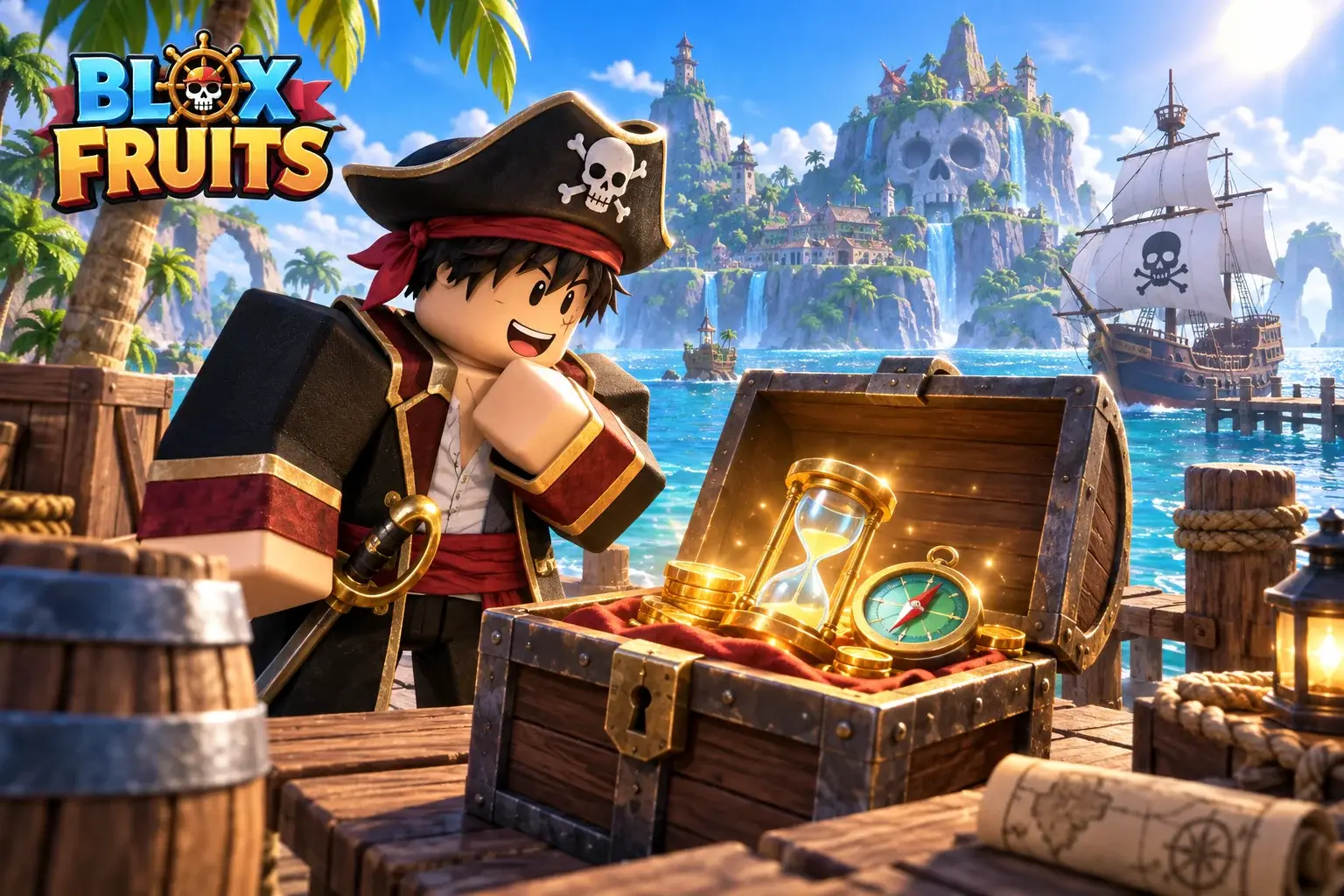 Original concept illustration: A block-world pirate adventurer on a sunlit tropical dock, looking at an open reward chest with a glowing hourglass, reset compass and small coins