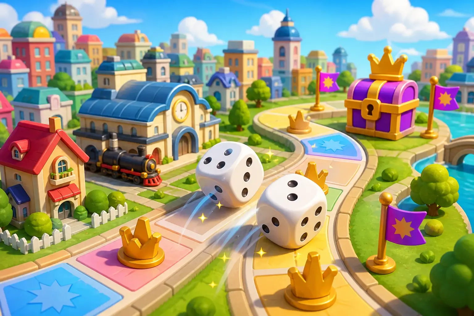 Two dice rolling through a bright miniature board city toward crown tokens and a gift chest