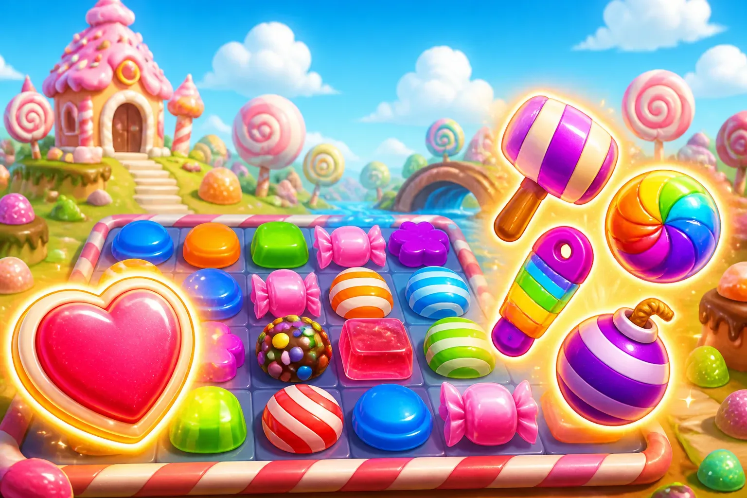Colorful candy board with a life heart and glowing booster tools