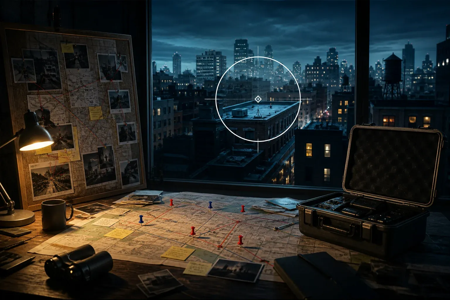 Mission planning board overlooking a nighttime city target marker