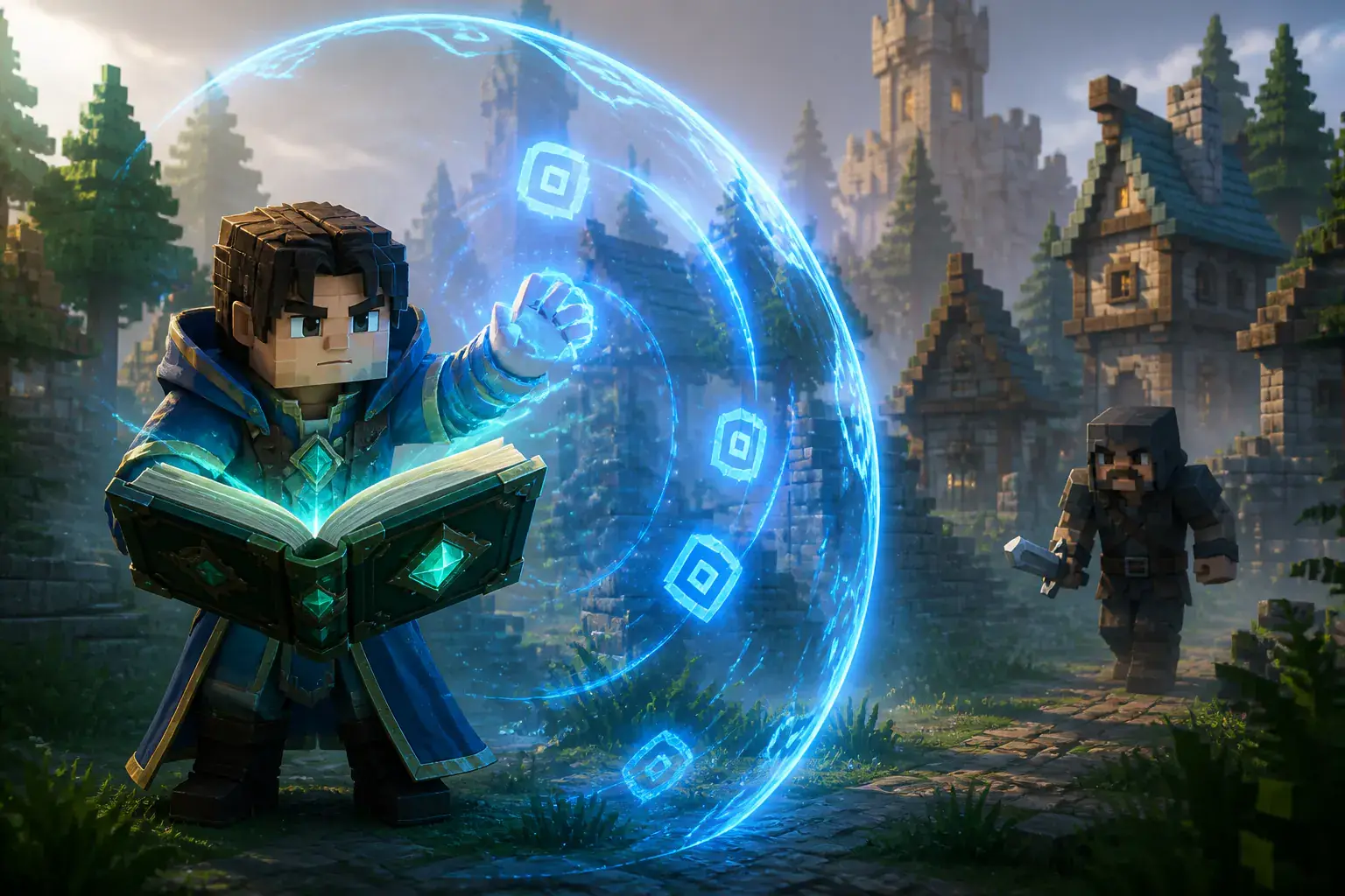 Mage casting a blue shield from an emerald spellbook