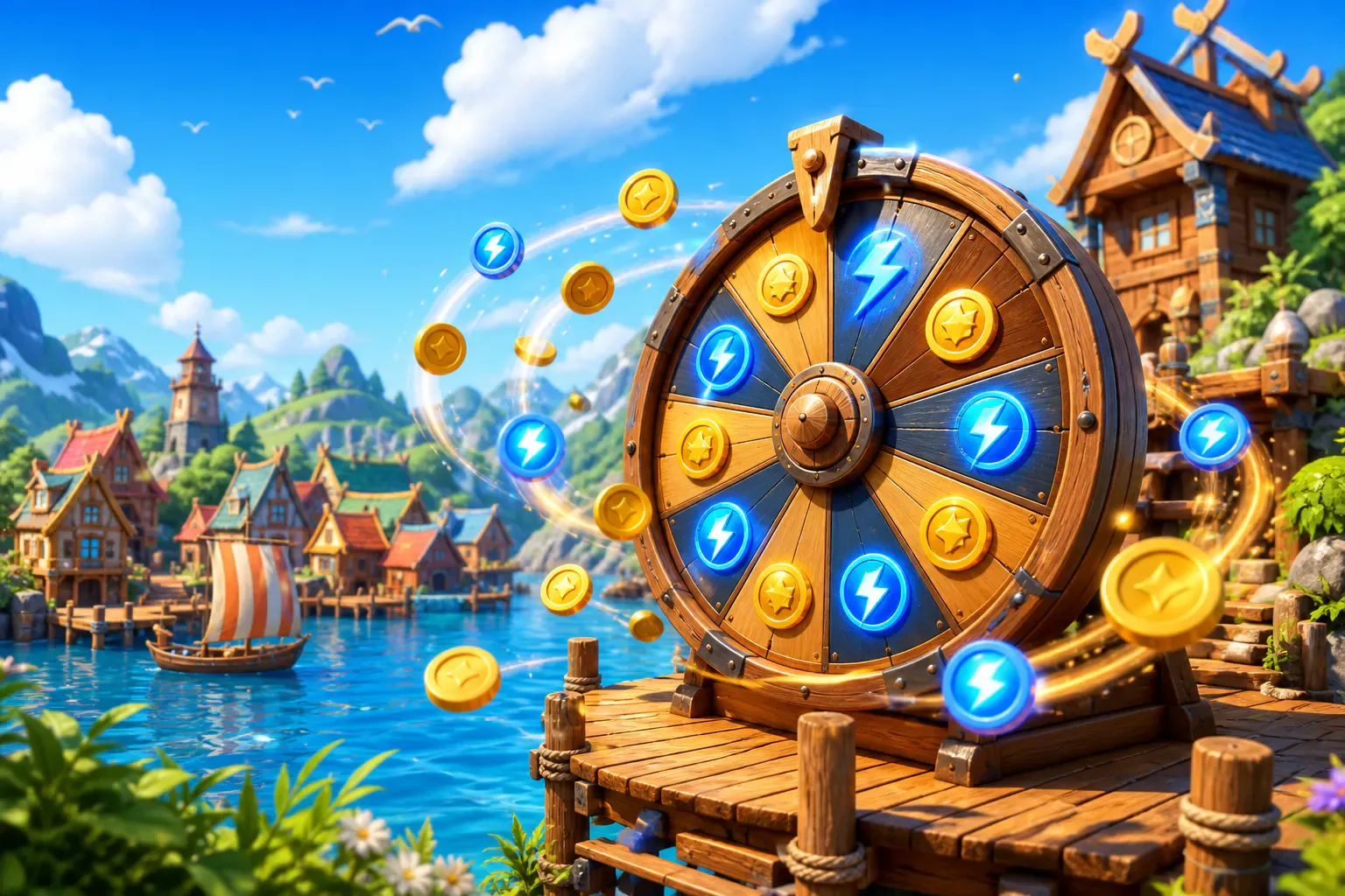Prize wheel showering coins over a Nordic-inspired coastal village