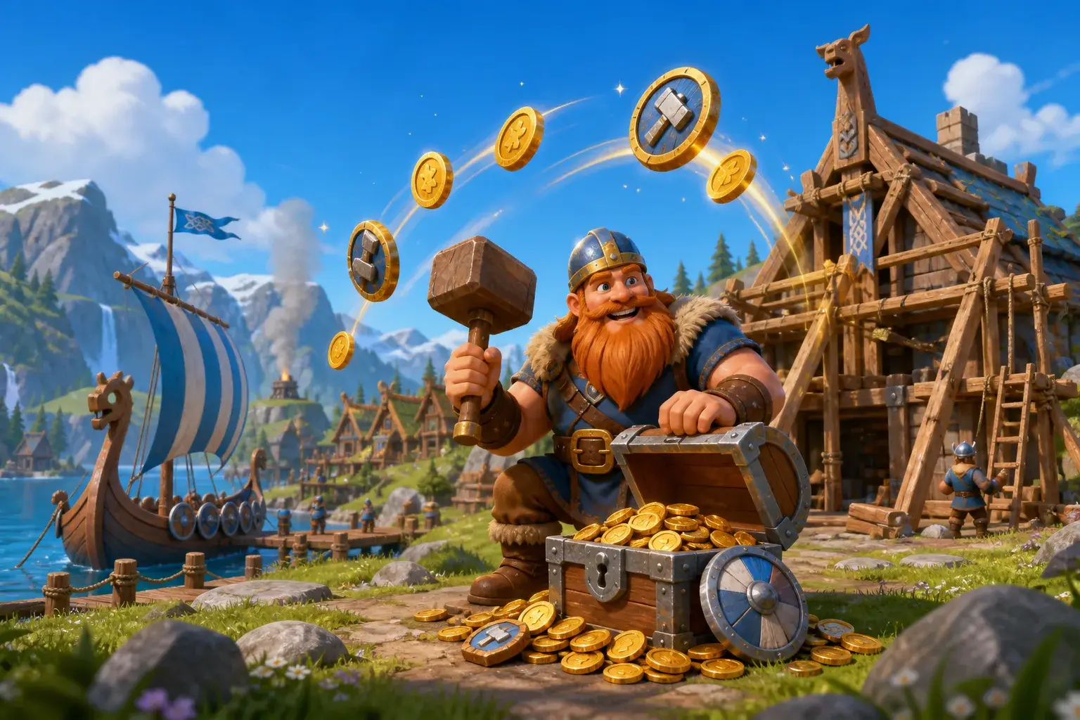 Viking builder opening a treasure chest beside a longship and coastal village