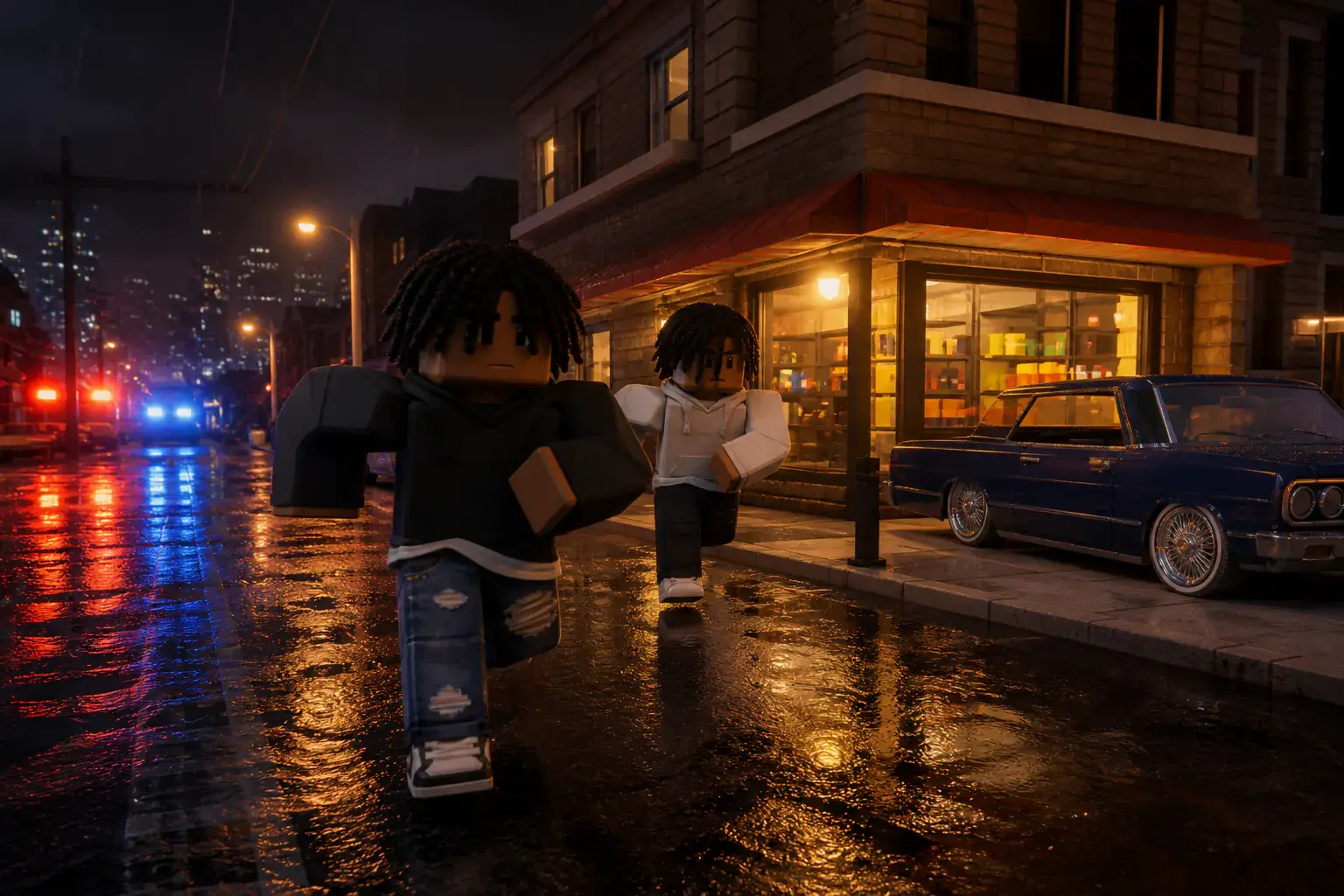 Street avatars running through a rain-darkened brick neighborhood