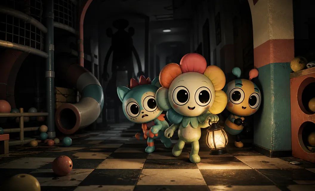 Colorful mascots exploring a dark abandoned play center