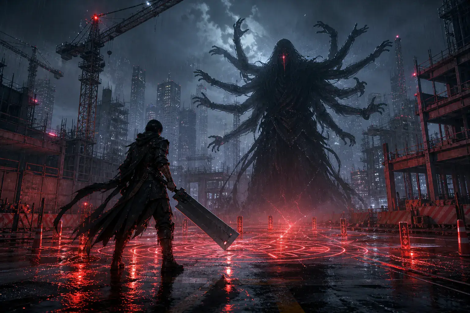 Hunter confronting a many-armed shadow creature at a rainy intersection