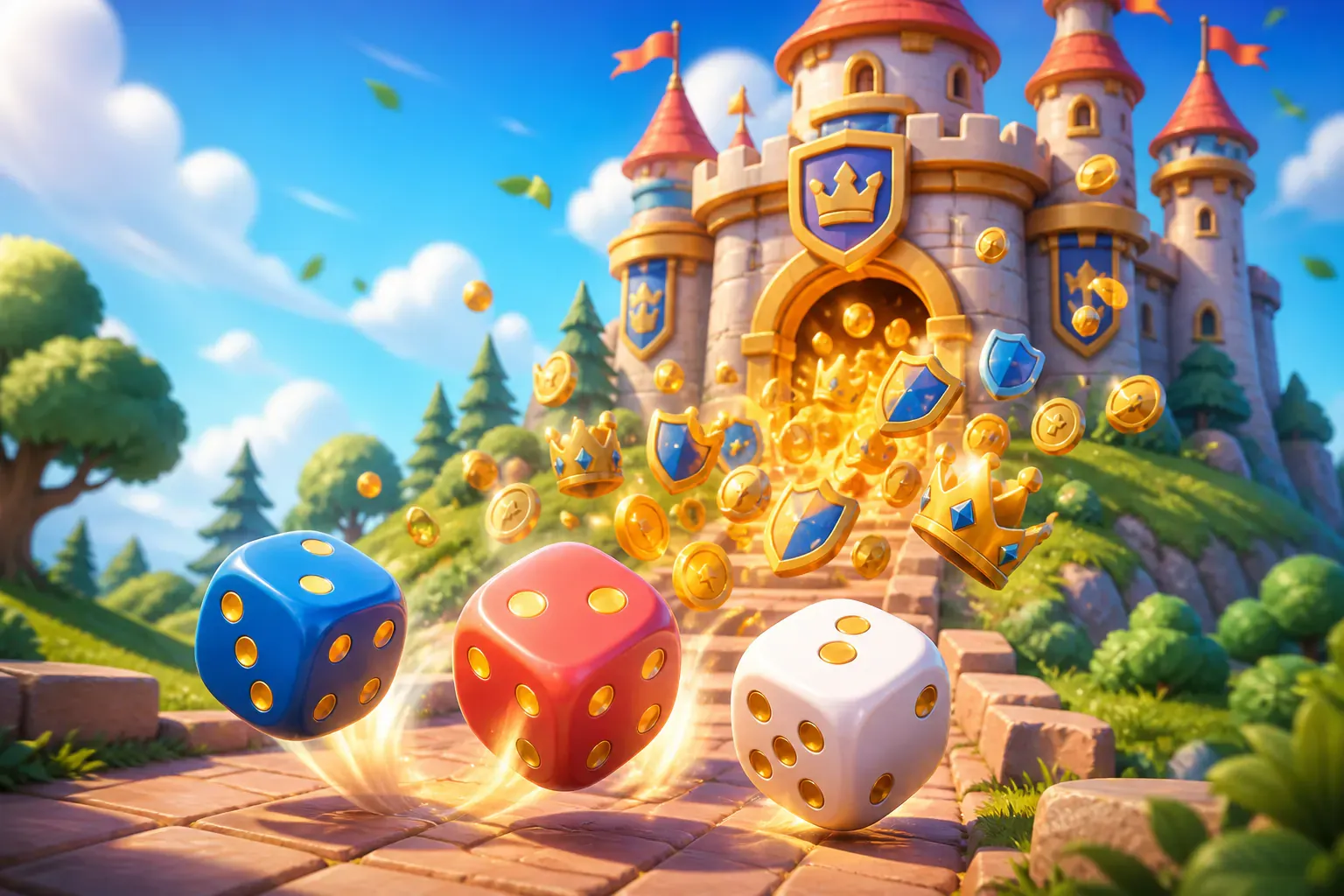 Three dice bouncing before a whimsical hilltop castle