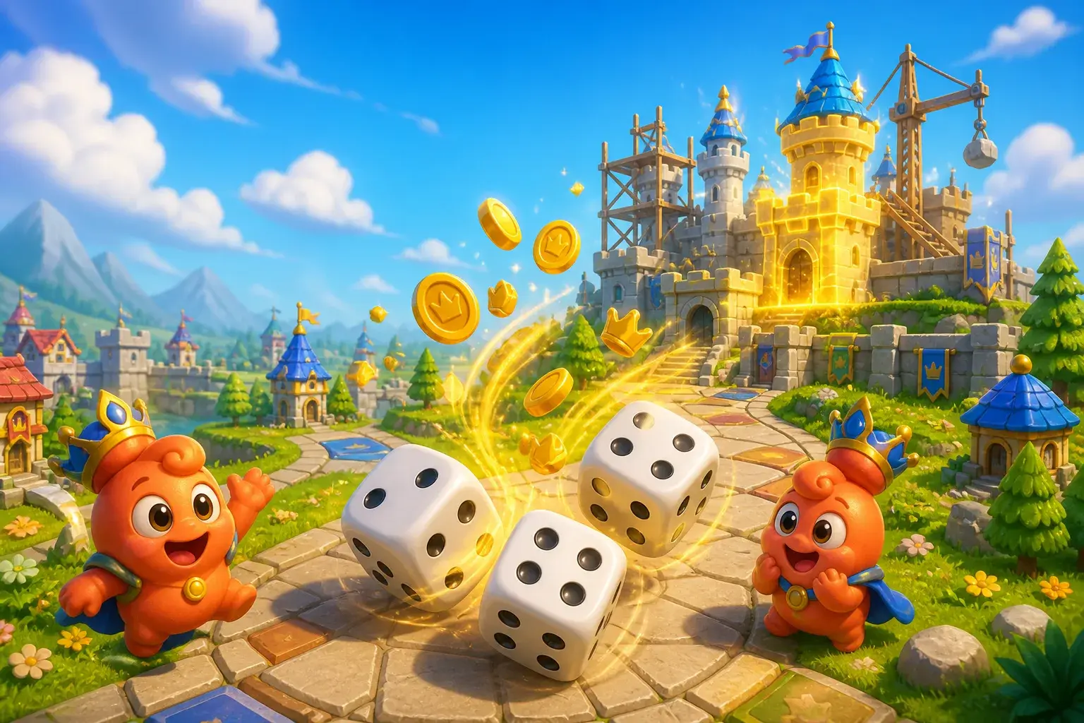 Royal helpers cheering as rolling dice restore a colorful hilltop kingdom