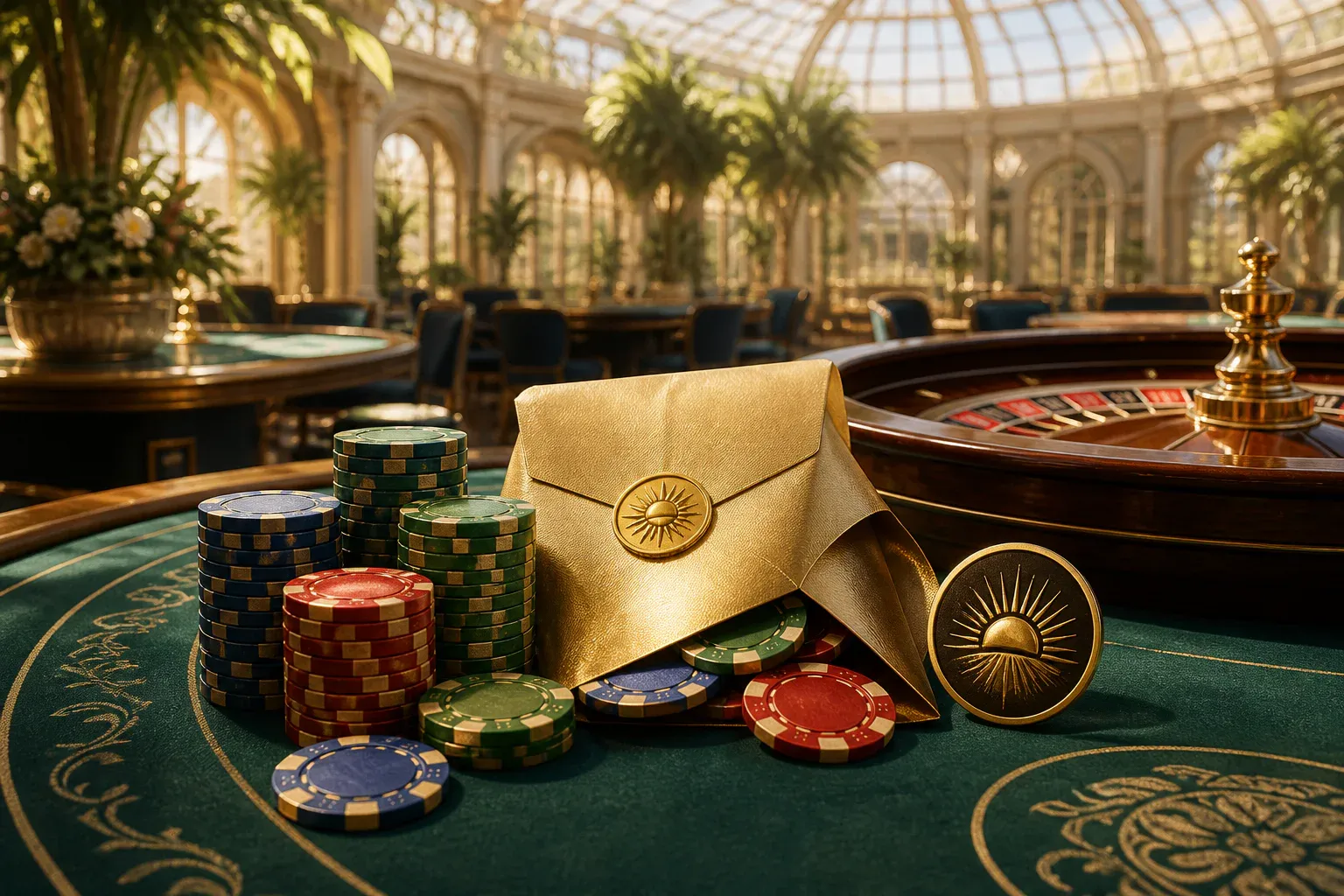 Casino chips and a gold daily reward envelope on an elegant sunlit casino table