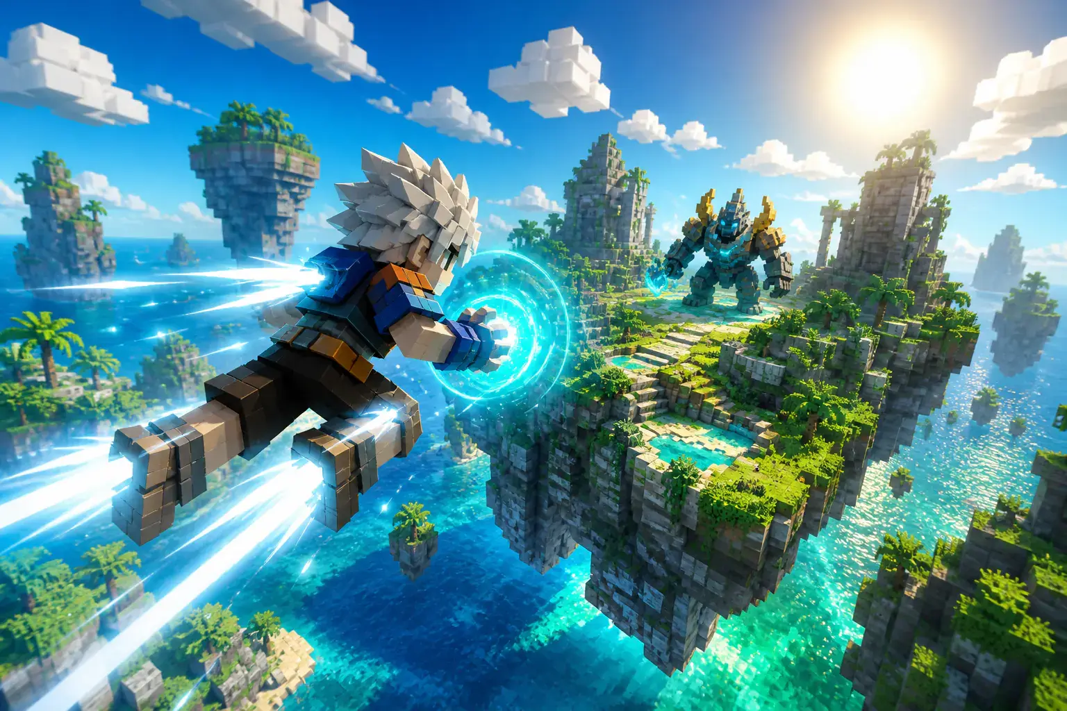 Energy fighter flying above a tropical floating island