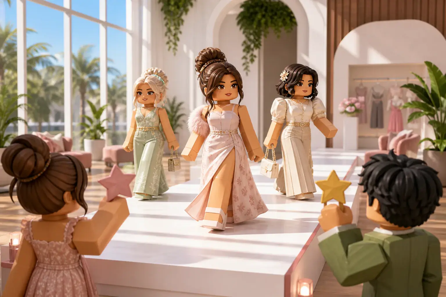 Three fashion avatars walking a colorful studio runway