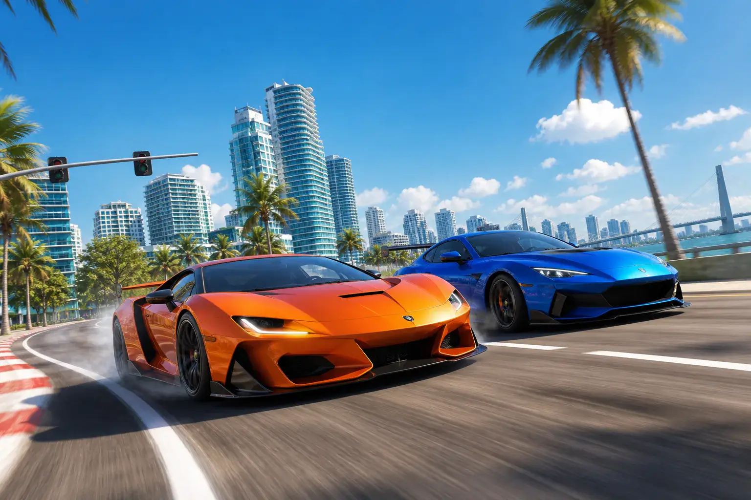 Orange and blue sports cars racing through a sunny coastal city