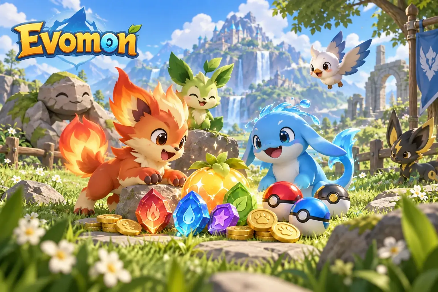 Original concept illustration: Original friendly fantasy creatures gathered around EXP fruit, evolution stones, coins and capture spheres in a sunny training meadow. A small fire pup and water creature, visually distinct item silhouettes.