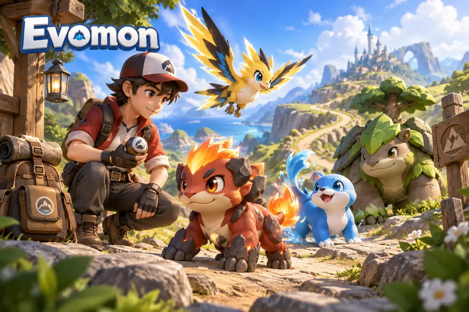 Original concept illustration: A trainer selecting a small diverse creature team for a sunny winding path