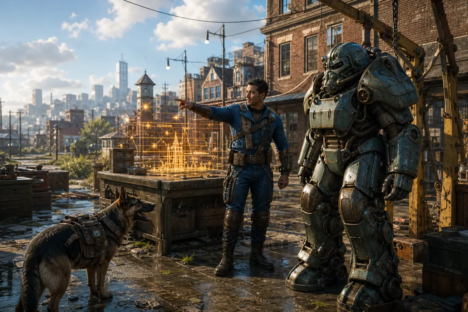 Vault survivor in power armor exploring a sunlit retro-futurist wasteland workshop