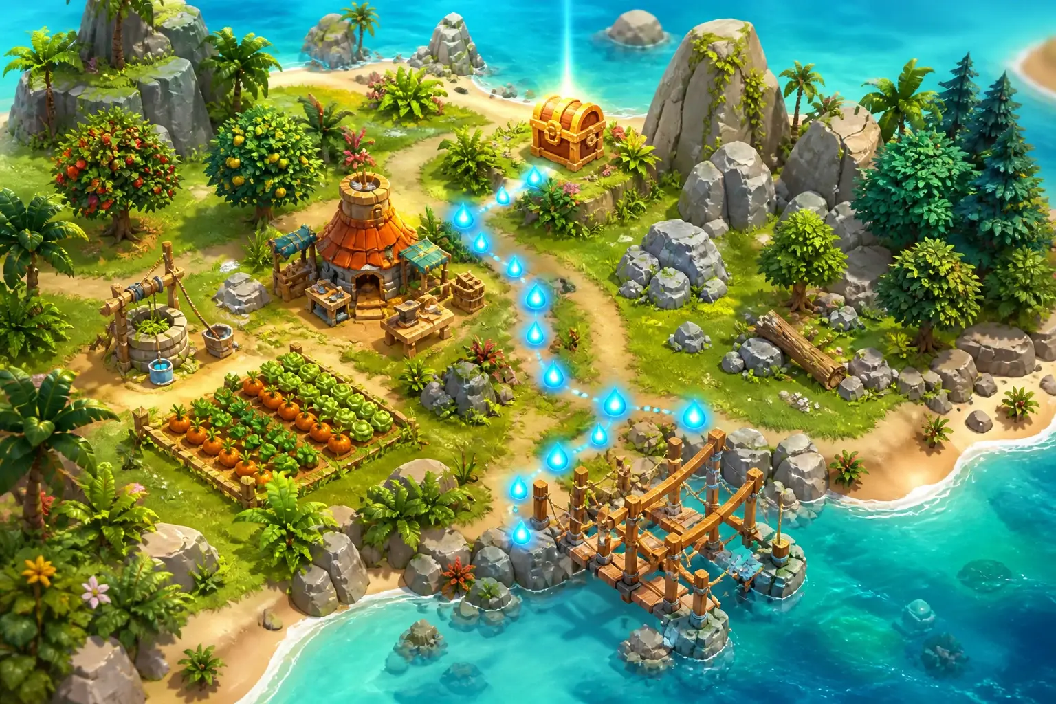 Blue energy droplets tracing a careful route across a sunny tropical farm island