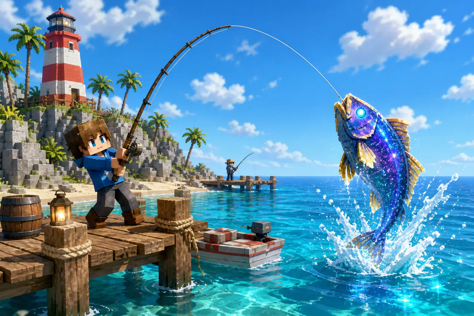 Angler landing a glowing rare fish near an island lighthouse in daylight