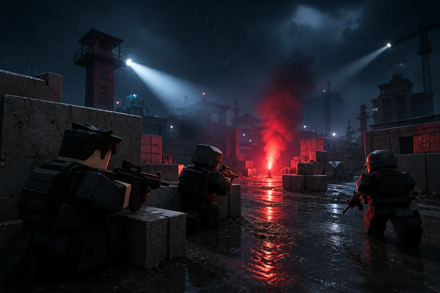 Tactical squad advancing through a stormy district toward a red flare
