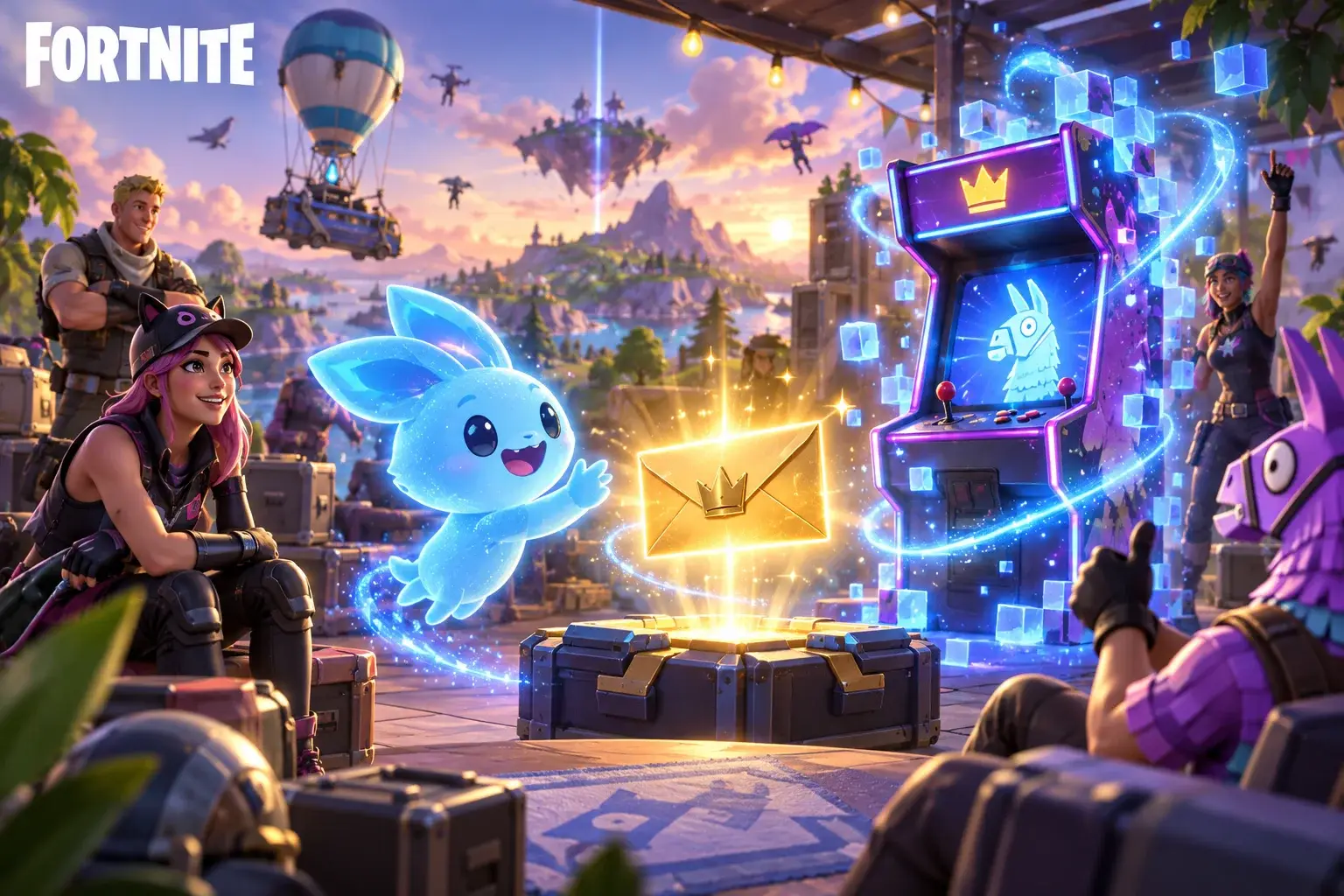 Original concept illustration: Original colorful battle-royale lobby scene with a friendly sprite, sparkling blue dust, glowing reward envelope and playful arcade-machine transformation