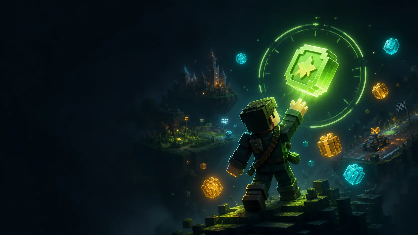 Block-built adventurer reaching for a verified game reward inside a glowing check ring