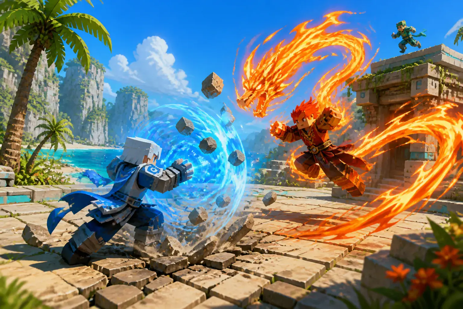 Elemental fighters clashing fire and water powers on a tropical island