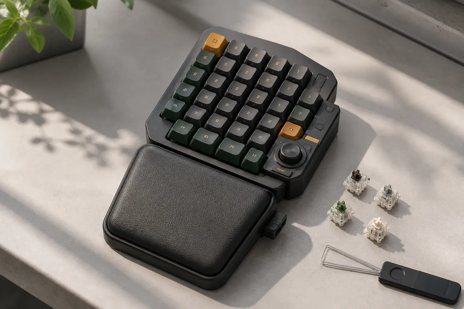 One-handed mechanical gaming keypad with thumb control, wrist rest and switch samples