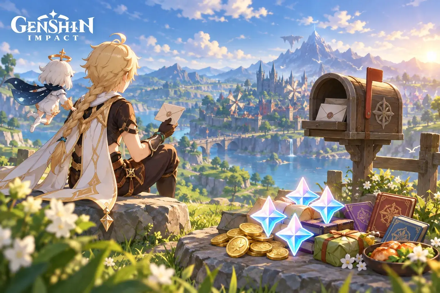 Original concept illustration: Original fantasy traveler beside a sunlit hilltop mailbox, glowing four-point wish gems, golden coins, experience books and food parcels