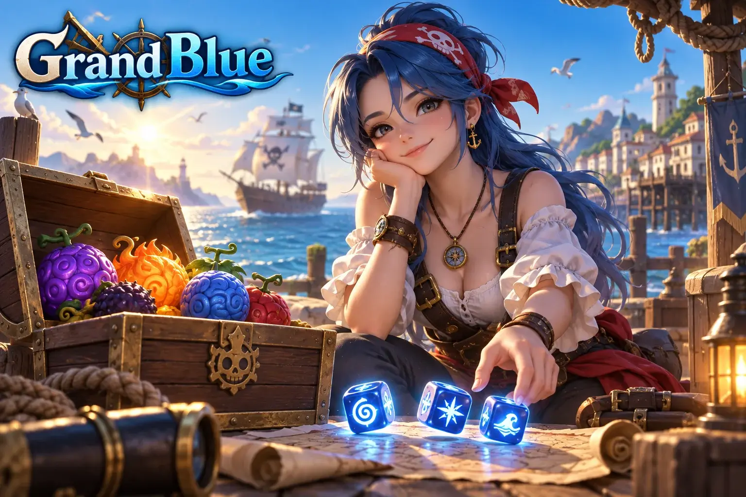 Original concept illustration: An original anime pirate navigator beside an open wooden fruit chest and glowing reroll dice, blue sea, early morning port and distant sailing ship, adventurous but calm composition.