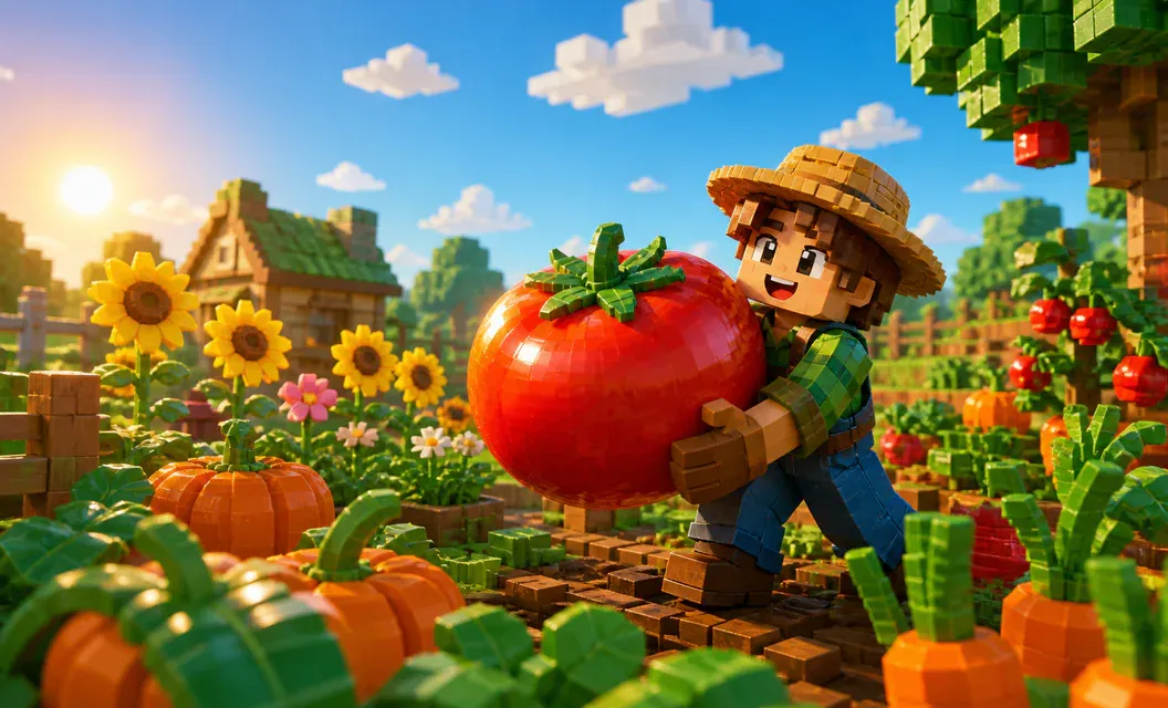 Gardener carrying an oversized tomato through bright crop plots