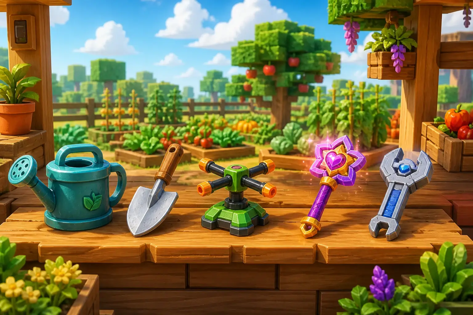 Watering can, trowel, sprinkler, protection wand and wrench arranged at a sunny garden shop
