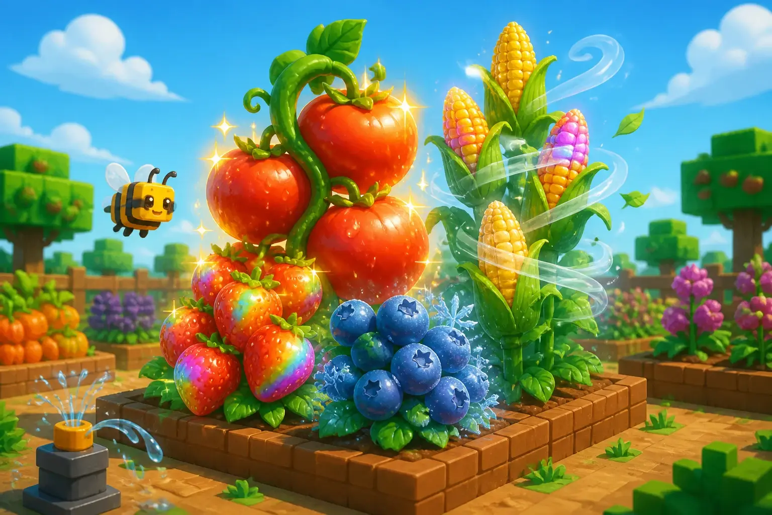 Mutated tomatoes, strawberries, blueberries and corn showing gold, rainbow, frost and wind effects in a sunny garden