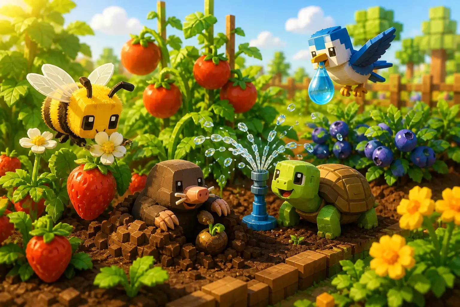 Bee, mole, turtle and bird companions supporting one productive sunny crop plot